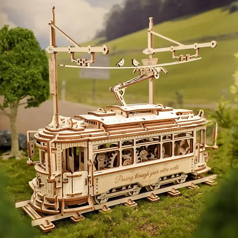 DIY Wooden 3D Puzzle Classic City Tram Model Kit Mechanical Assembly Toy for Adults Teens Kids Educational Gift Hobby Craft