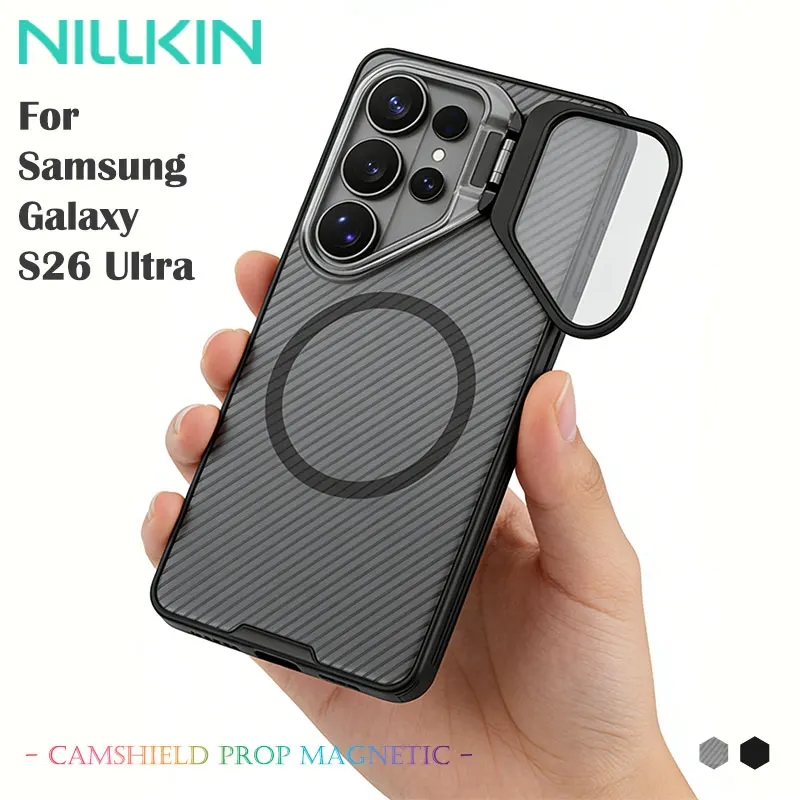 

For Samsung Galaxy S26 Ultra Magnetic Case with Lens Cover Stand, NILLKIN Case Built-in Powerful Magnet, Clear TPU+PC Protection