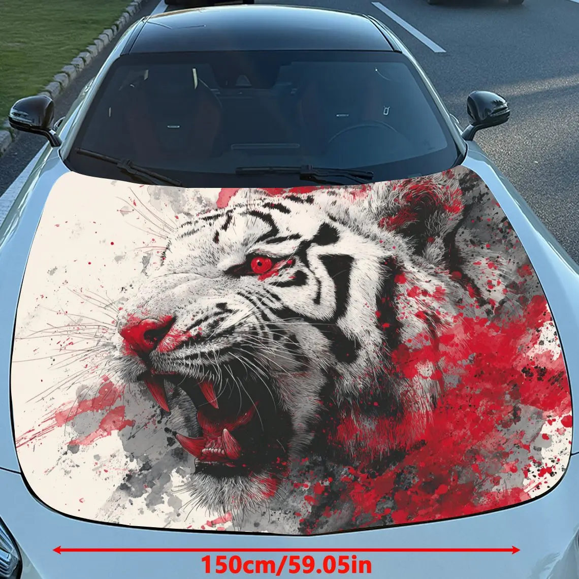 Splashing Ink Red Eyes Tiger Vinyl Decal - Universal Fit Paper Material Car Hood Wrap, Automotive Exterior Bonnet Sticker, Vehic