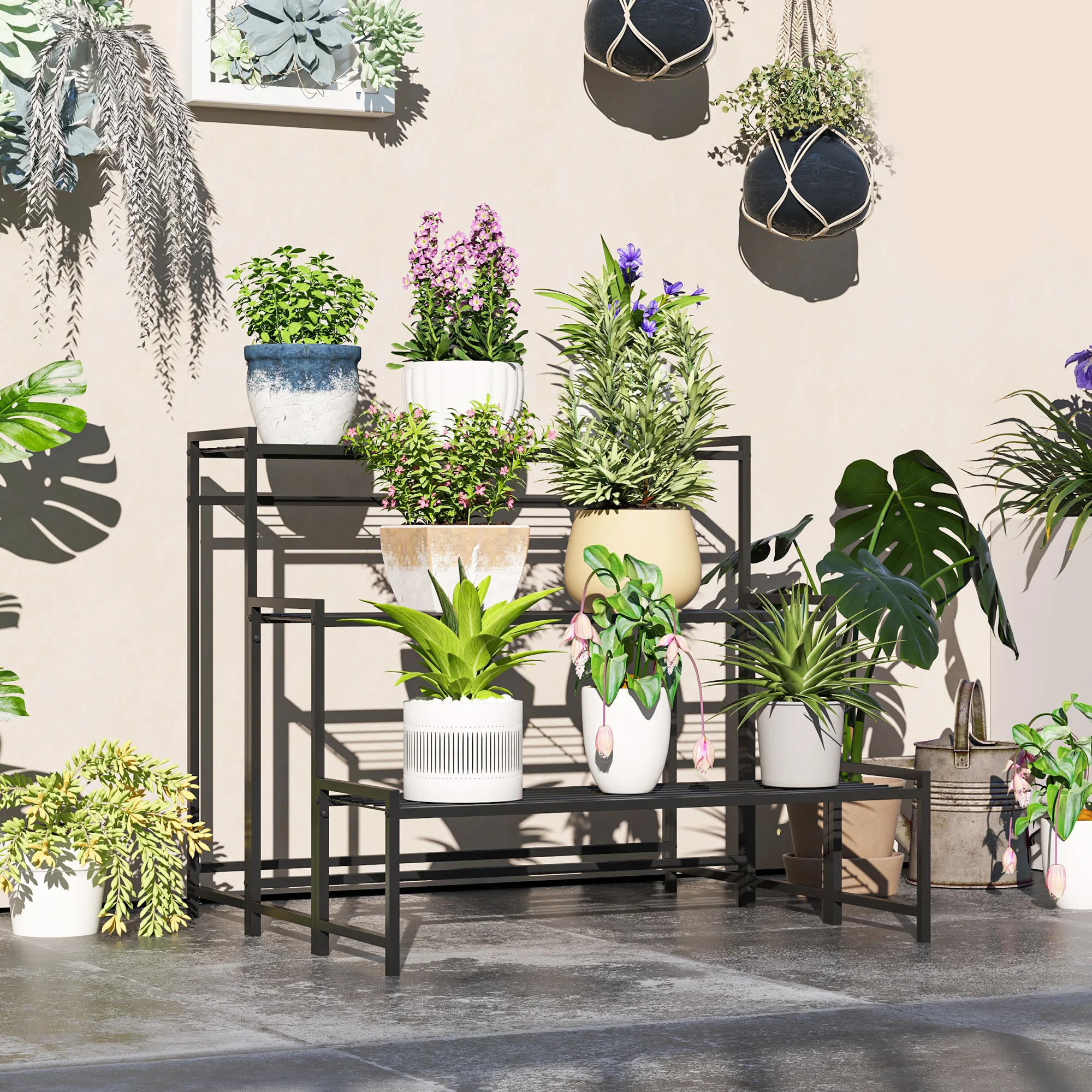 Porte-fleurs, Porte-plantes à 3 étages en forme d'escalier, Porte-fleurs pour l'intérieur et l'extérieur, Métal, Noir