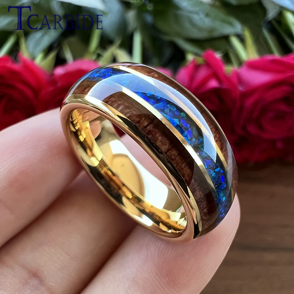 Dropshipping 8MM Nice Wedding Band Gold Tungsten Opal Ring With Wood Inlay Luxury Gift Jewelry High Quatliy Comfort Fit