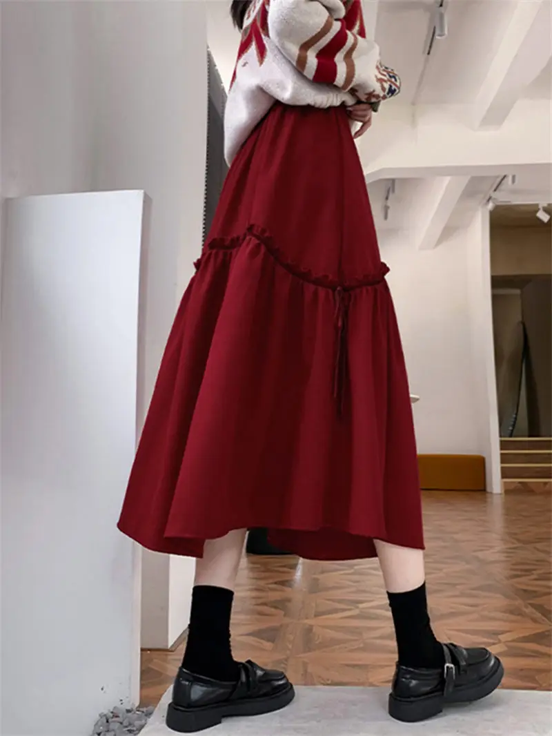 

Skirts For Women Autumn And Winter 2022 New High Waist Slim Corduroy Skirt Red A-Line Fashion Vintage Midi Saias Faldas T1369