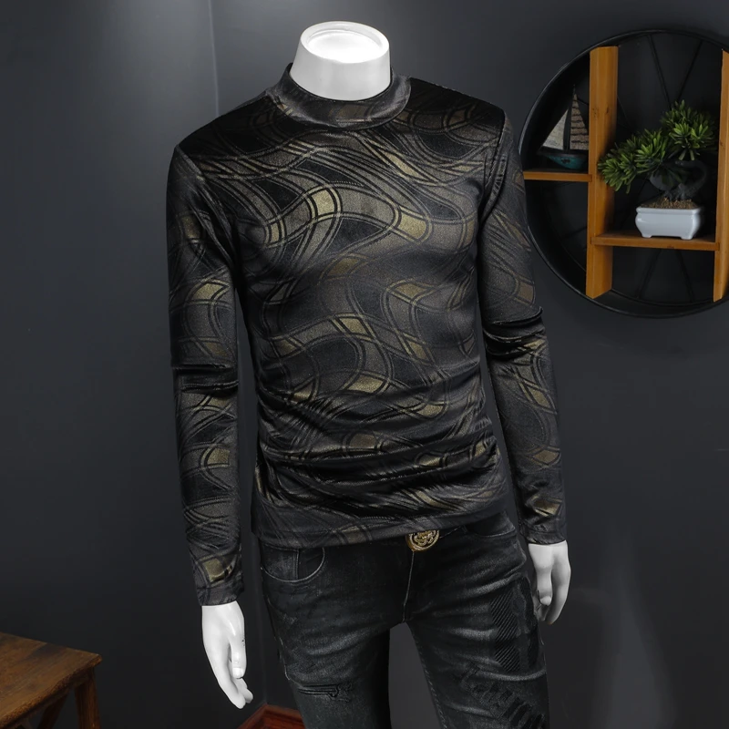 Velvet Premium Turtleneck T Shirt For Men Long Sleeve Slim Fit Winter Thick Quality Smooth Comfortable Print Camisetas De Hombre