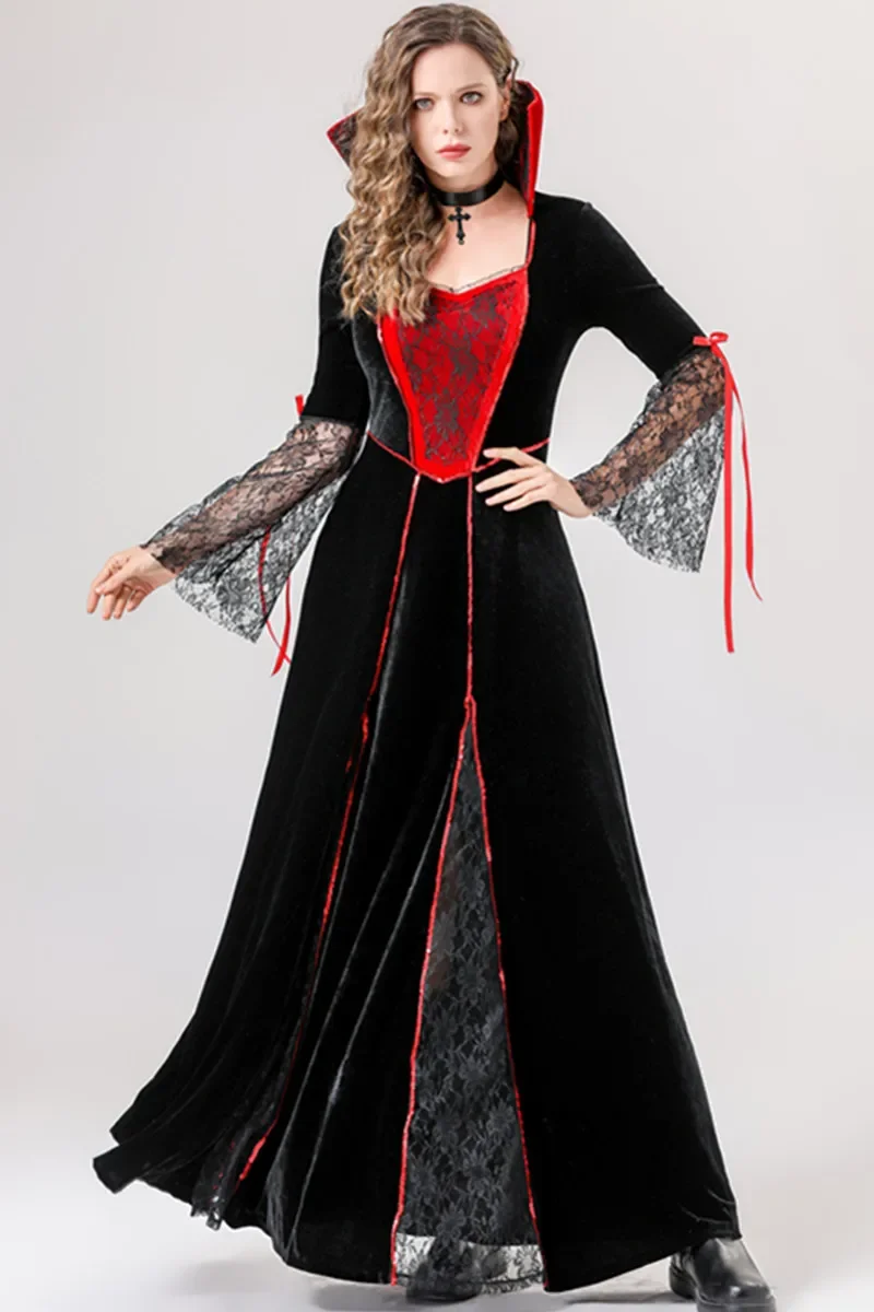 

Halloween Masquerade Steampunk Vintage Medieval Royal Court Demon Vampire Queen Cosplay Costume Adult Scary Devil Witch Dress