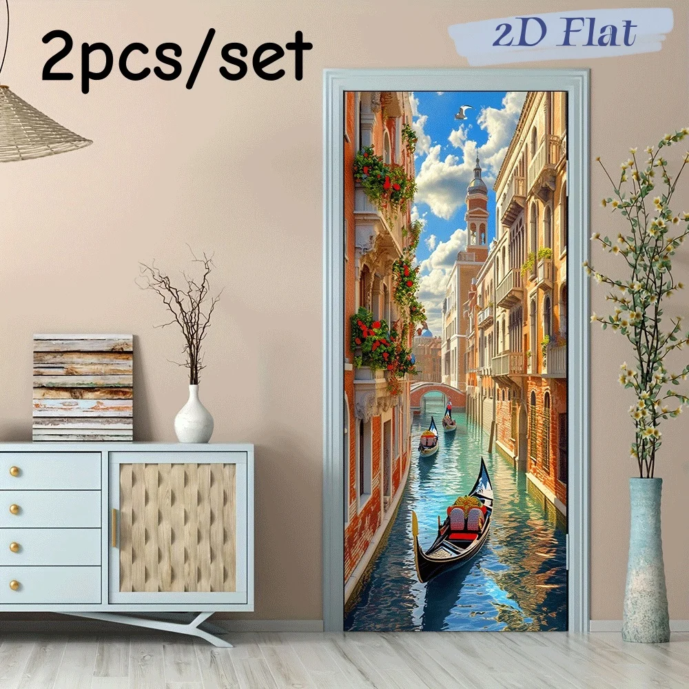 2pcs Venice Water City Landscape Wall Stickers European Architecture Canal Gondola Decorative Stickers Living Room Bedroom Entra