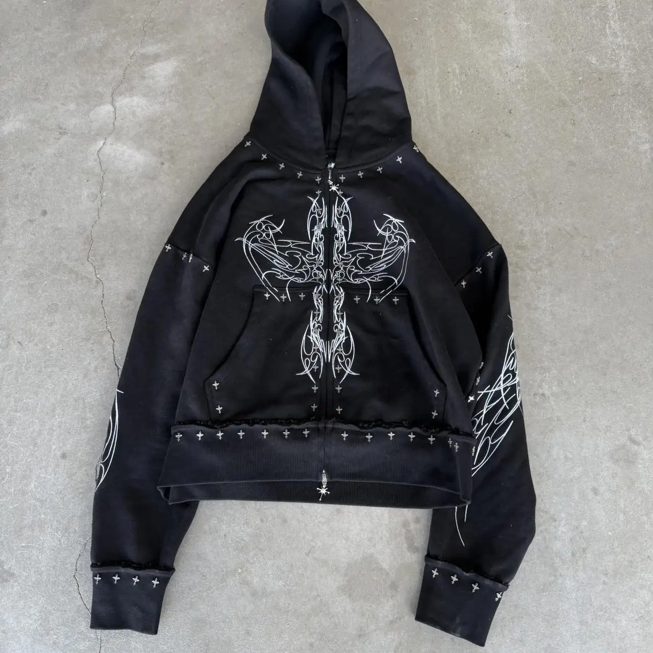 

American Harajuku Style Printing Gothic Text Cross Pattern Zipper Hoodie Autumn Winter Women's Hooded Jacket Coat Y2k Streetwear