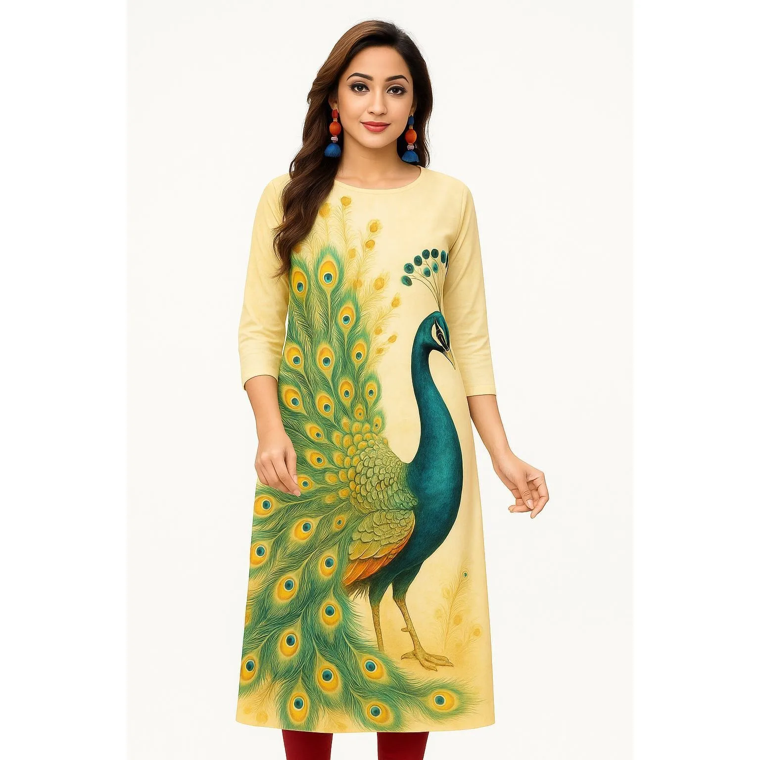 Muslim Dress Kurt Fashionable Elegant National Style Straight Tube Casual Slit Hem Elephant Peacock Pattern Women Dress Abaya