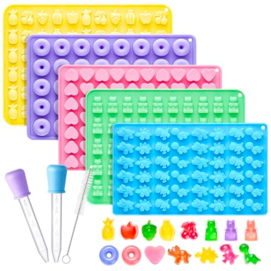 

Silicone Gummy Molds Set of 5 Non-stick Candy Chocolate Molds with 2 Droppers 1 Clean Brush Iludes Dinosaur Bear Donut Fruit He