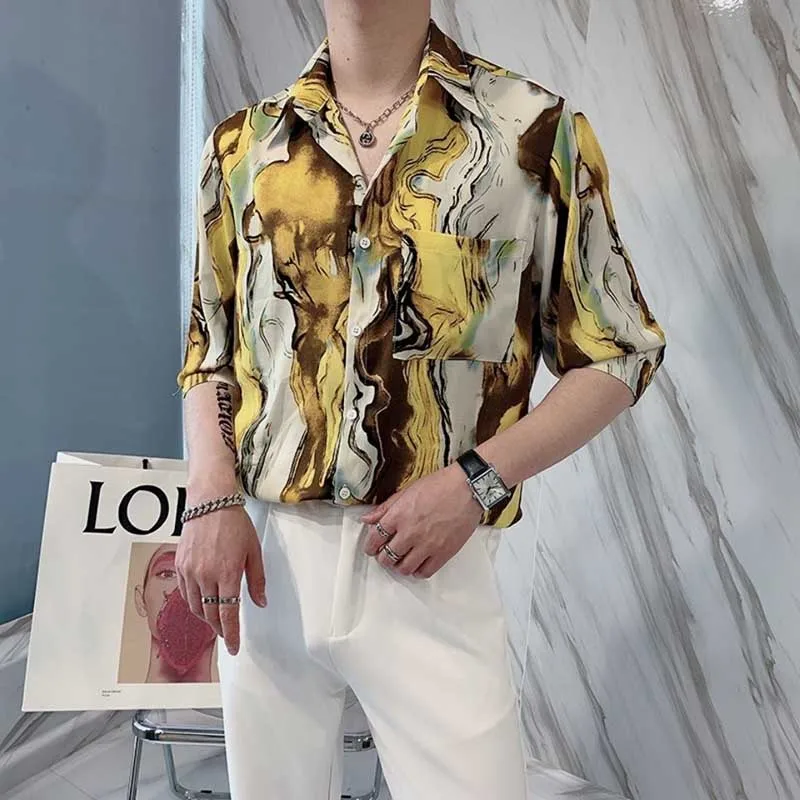 Fashion Lapel Button All-match Printed Tie Dye Gradient Shirts Men\'s Clothing 2024 Summer New Loose Casual Tops Korean Shirts