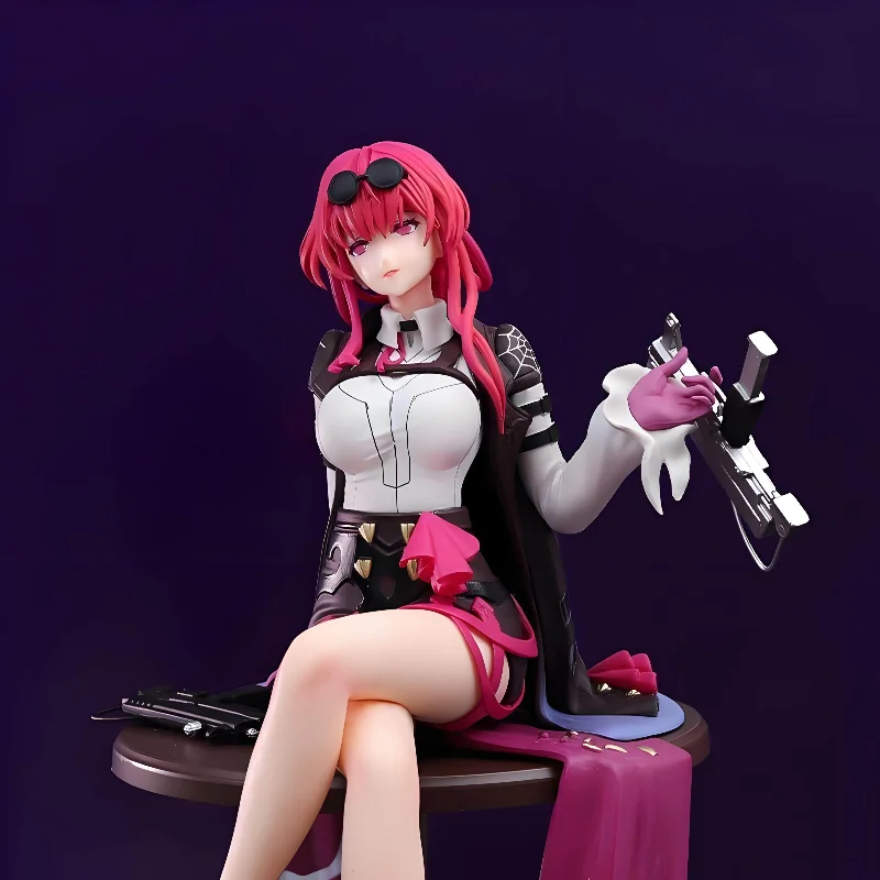 

In Stock Bright Magenta Long Hair Lady Figure Formal Suit Gun Accessories Round Table Indoor Room Desktop Decor Gift