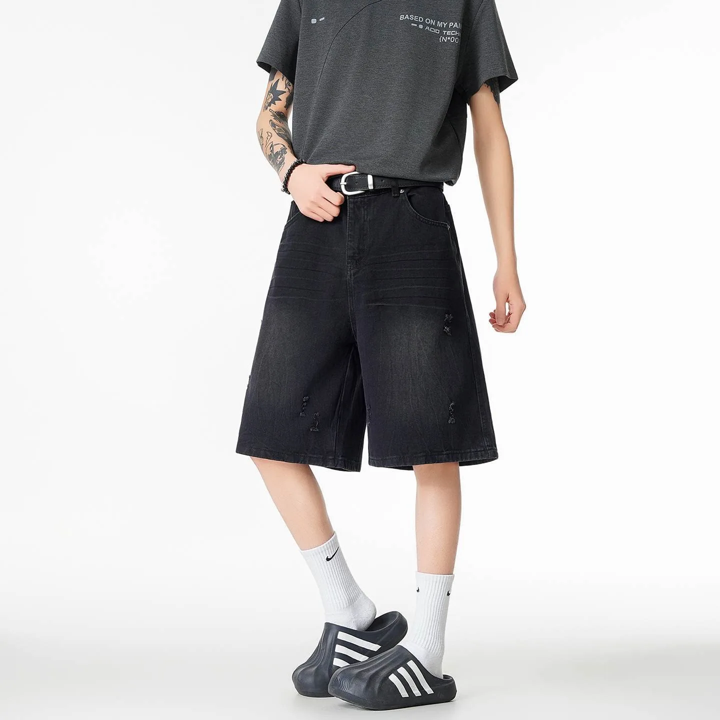 Summer New Fashion Trendy Solid Color Straight Leg Stretch Denim Shorts Men's Casual Loose Sporty High Quality Plus Size Shorts