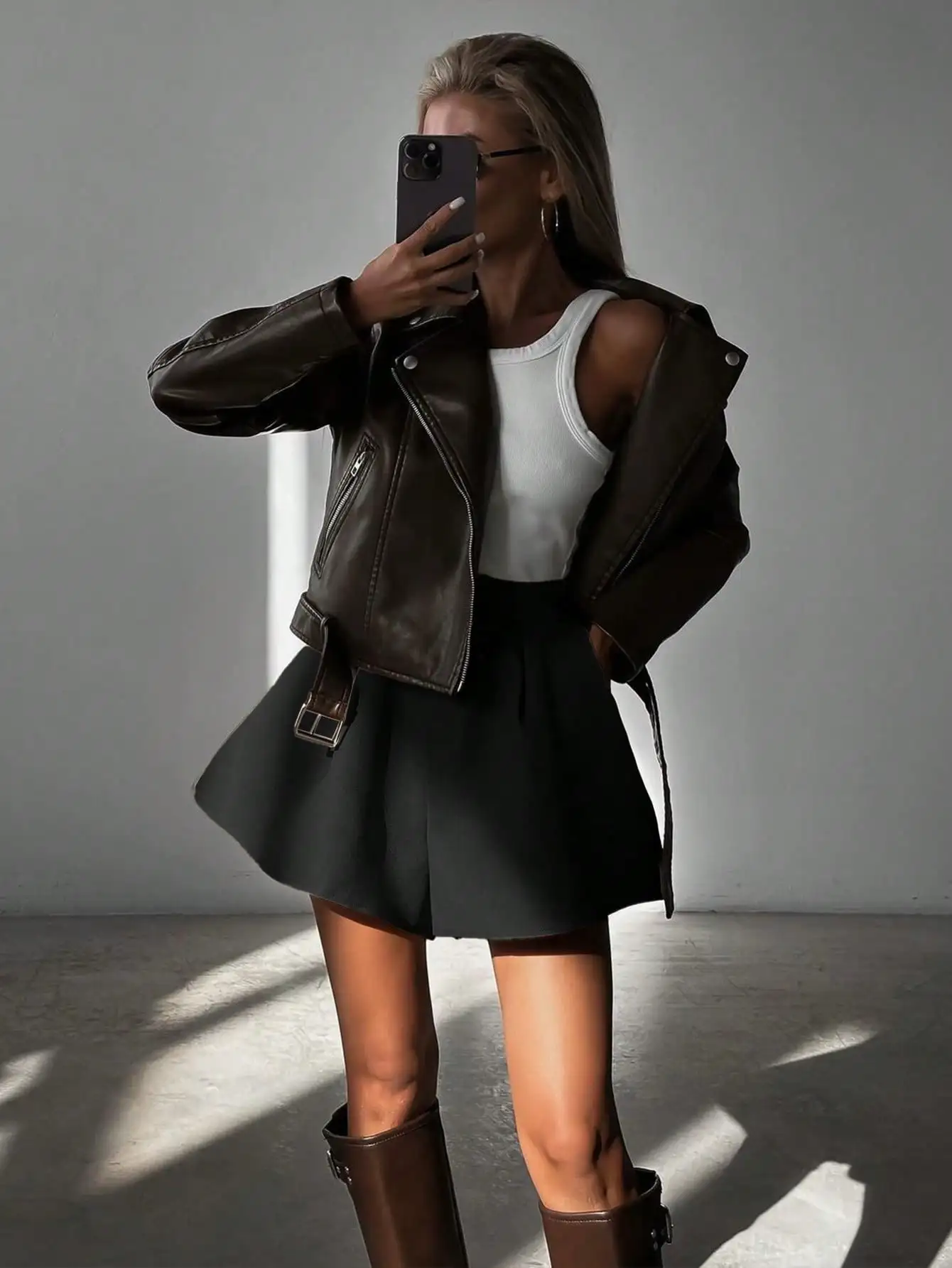 ملابس الخريف للسيدات بلون أسود أنيق للتنقل فضفاض مناسب شورت وتنورة جيب #3