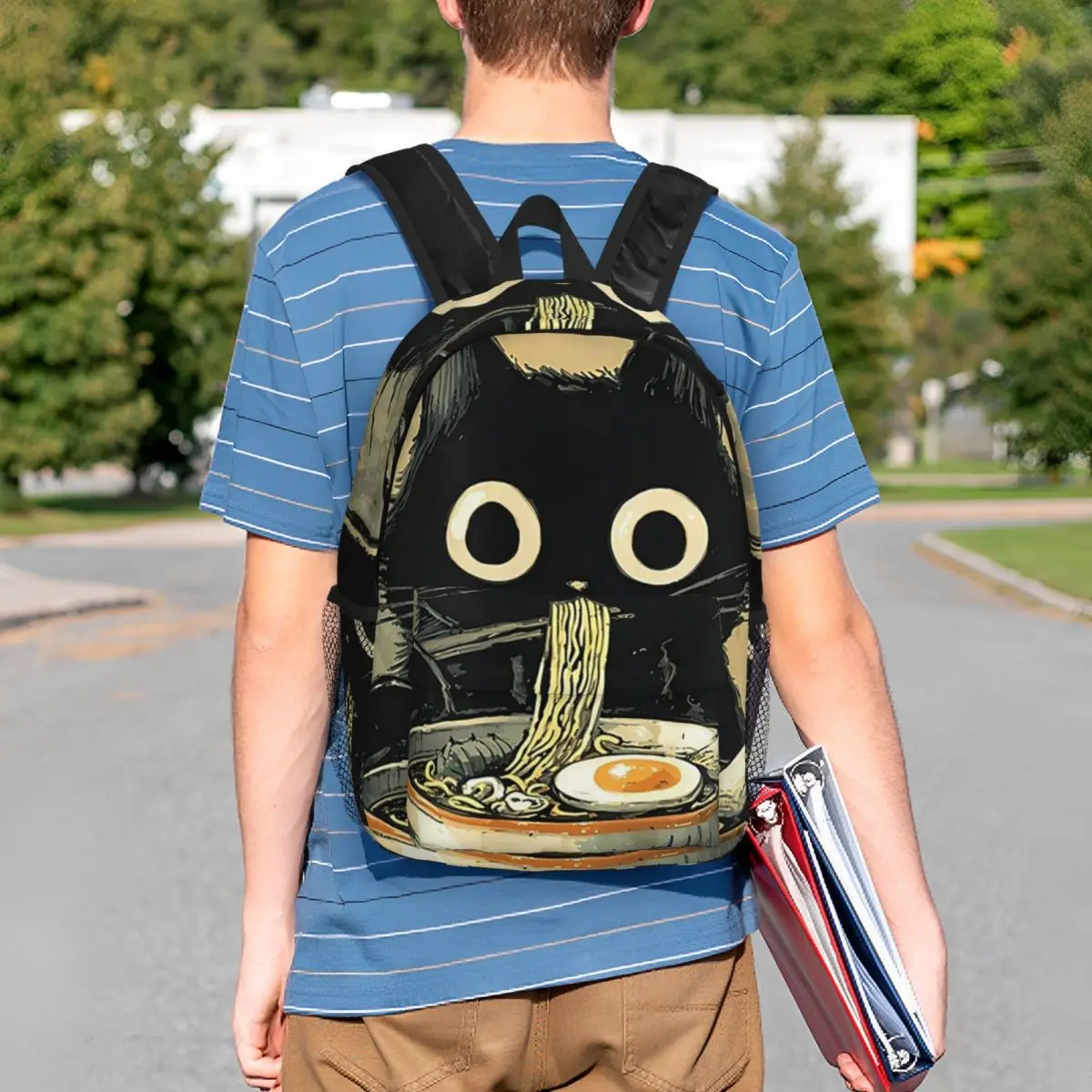 Japanese Cat Eating Ramen Backpack Student BookBag Children School Bag Laptop Shoulder Bags for Men Women