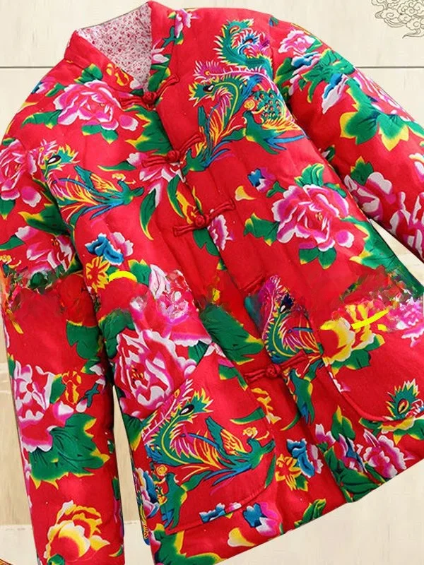 Thiened Long Velvet Silk Cotton Jaet Retro Big Flower Patterned Cotton Coat Warm Slimming Street Sle Women's Outerwear