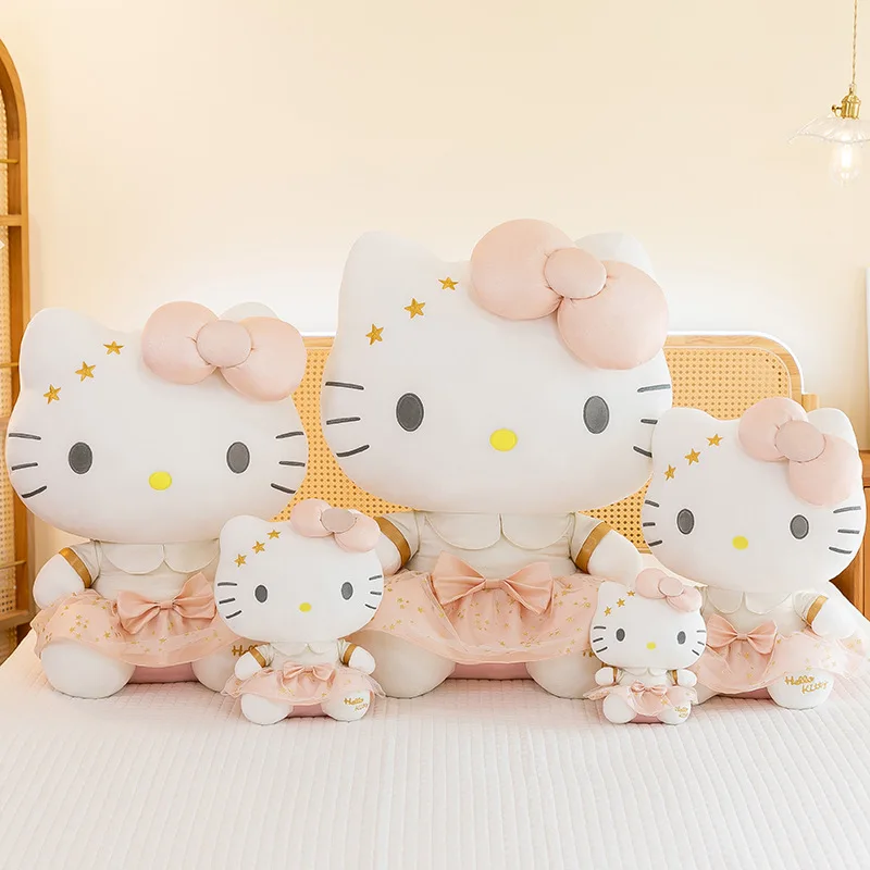 Peluche Kawaii Sanrio Hello Kitty Grande bambola di pezza Simpatico animale riempito Regalo di compleanno per bambini per ragazze Edizione in oro bianco