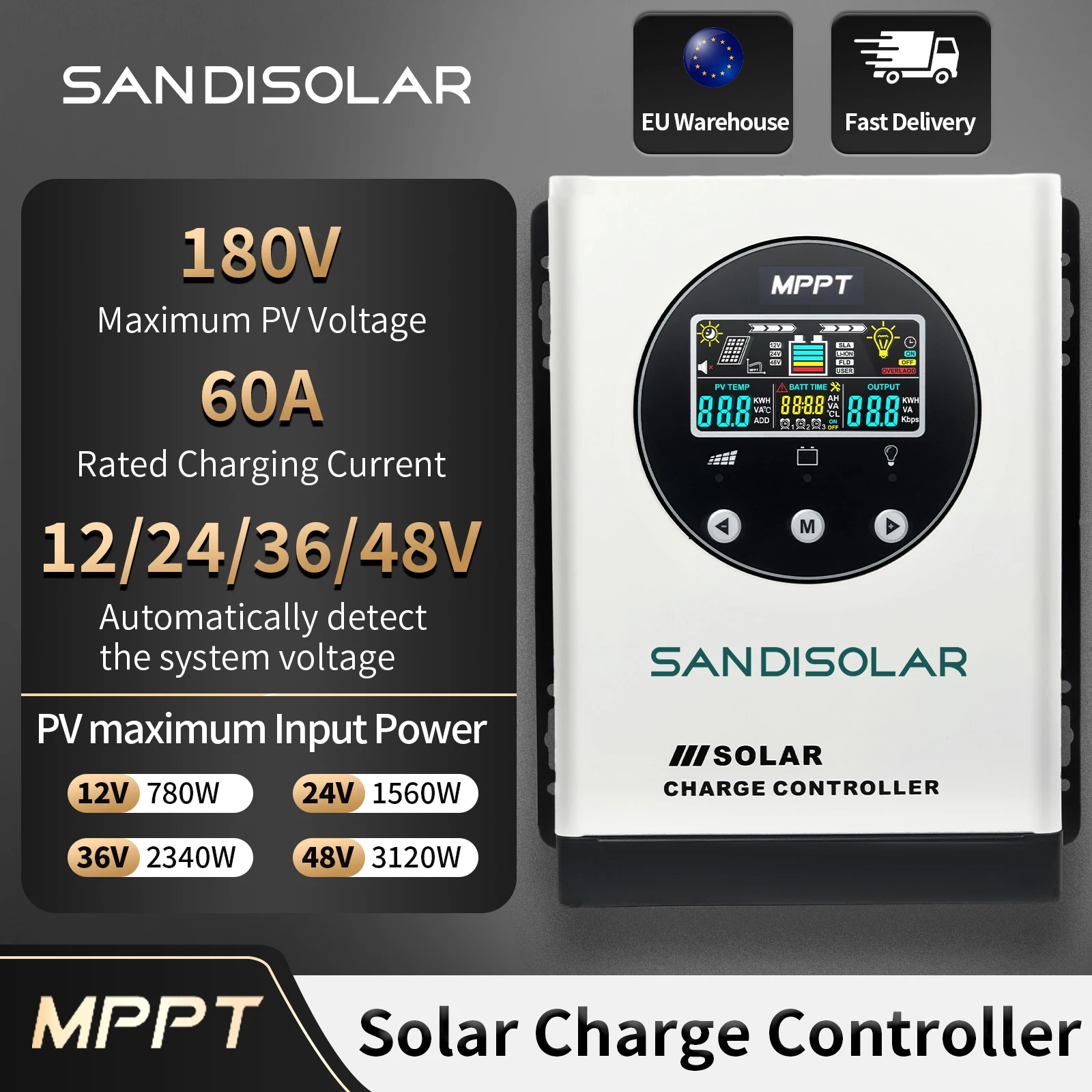 Image of SANDISOLAR Smart MPPT Solar-Controller mit Farb-LCD-Bildschirm 60A 100A 12V/24V/36V/48V Systemspannungseinstellung Solarpanel-Batterieladegerät