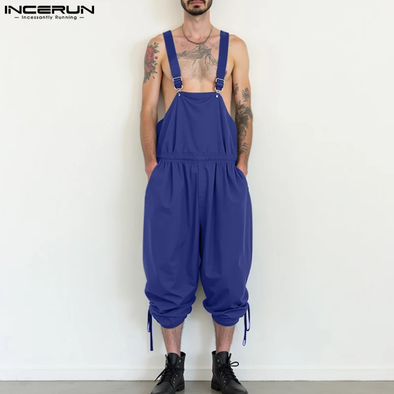 

INCERUN Men Jumpsuits Solid Loose Sleeveless Straps Rompers Men Streetwear Elastic Waist Fashion Male Cargo Overalls S-5XL 2025