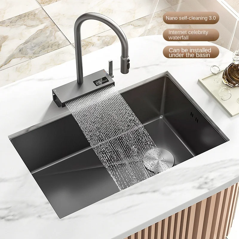 

Black Stainless Steel Kitchen Sink Waterfall Sink dishwashing Basin Large Single Sink Household Sink Under The Counter Sink