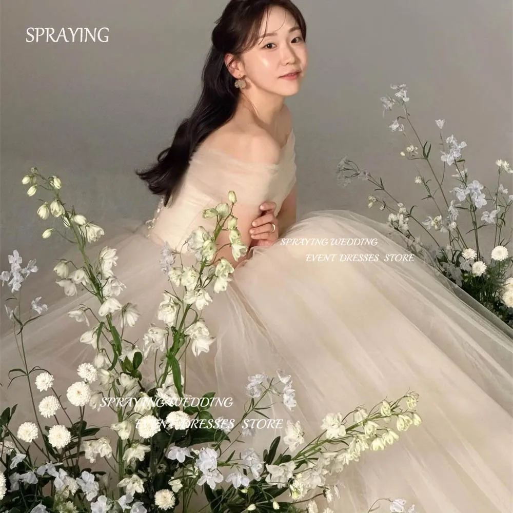 

SPRAYING Off the Shoulder A-line Tulle Wedding Dresses Photo Shoot Simple Floor-Length Long Bridal Gown Puffy Skirt Corset Back