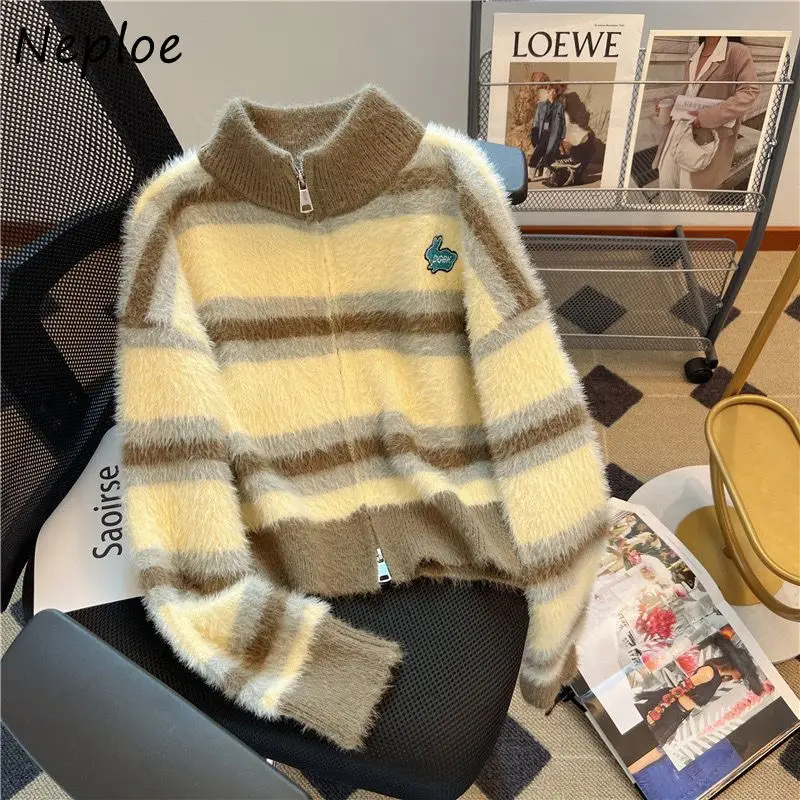 Neploe Vintage Striped Turtleneck Cardigans 2024 Autumn New Waterproof Mink  Knitted Cardigan Y2k Long Sleeve Sweaters Coats