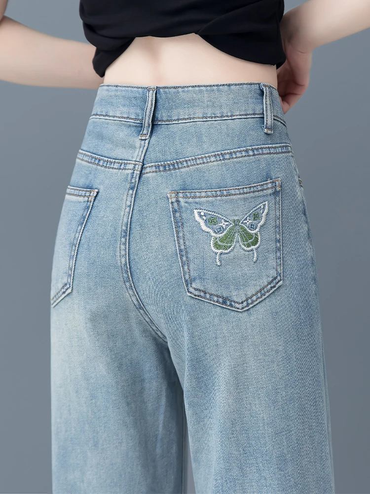 

Женские летние джинсы Slim Fit с широкими штанинами, тонкие, с высокой талией, утягивающие, с вышивкой, повседневные, прямые, в пол