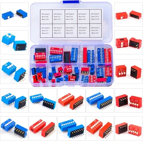 DIP Switch Assorted Kit 2.54MM Pitch 1/2/3/4/5/6/7/8/9/10Pin Dual Row Red & Blue On Off DIP Switches for PCB Mount