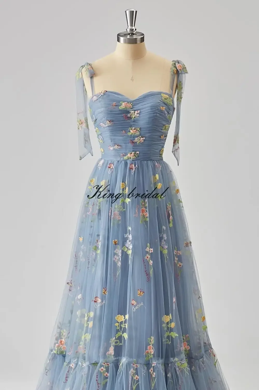 이브닝 파티 가운 신부 들러리 드레스 여성 꽃 자수 Tulle 댄스 파티 드레스 코르셋 긴 스파게티 스트랩 Fairy Ruched Formal