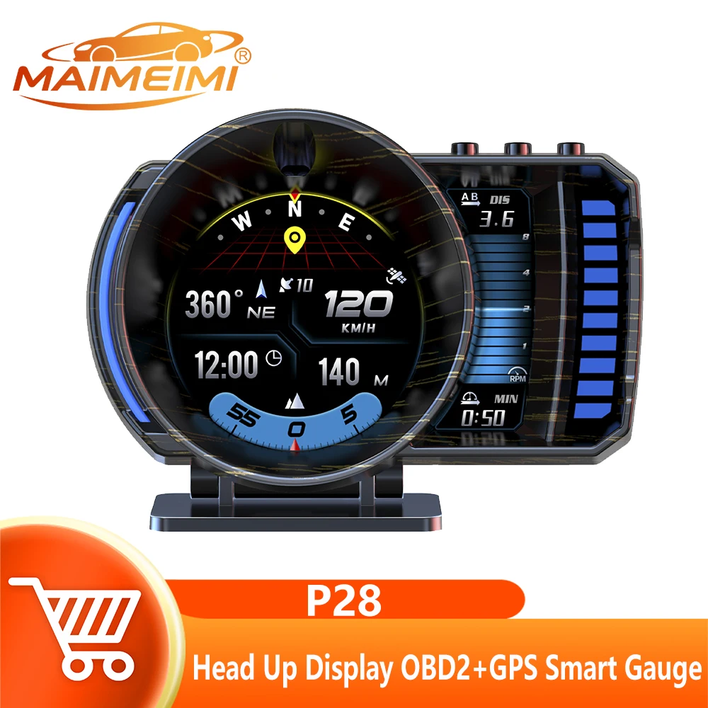 Newly upgraded P28 Car OBD LCD Instrument Panel OBD+GPS+RGB Car Head up Display Speedometer electronic dog Car Smart Gauge