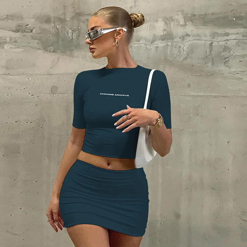 

Letter Print Solid Turtleneck Short Sleeves Crop Top Skirts 2 Pcs Set Sexy Slim Summer Fashion Outfit Streetwear Sports