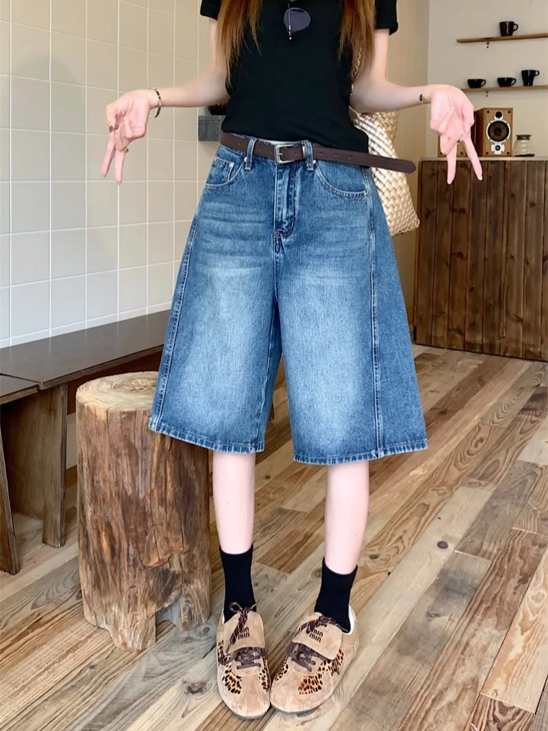 

High Waist Blue Faded Denim Jeans Women's Summer Versatile Wide Leg Pants Five-Quarter Length Casual Style Wear Resistant