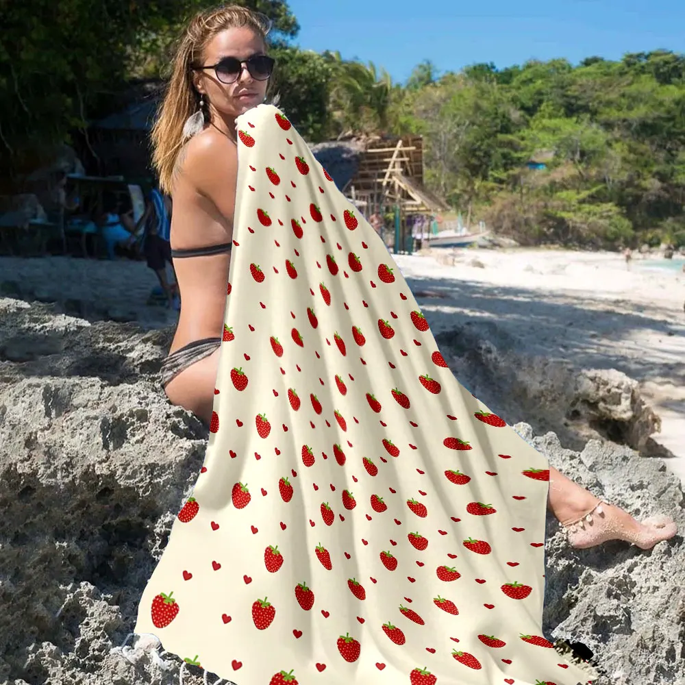 Cream Strawberry Hearts Quick Drying Microfiber Beach Towel Lightweight for Swimming Camping Yoga - Bath Towel