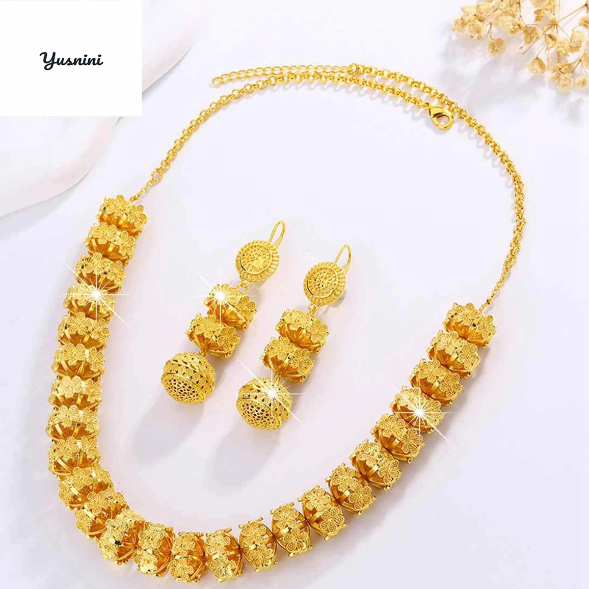 Модное французско-американское 24-каратное позолоченное ожерелье и серьги на заказ, комплект ювелирных изделий для свадебных и рождественских подарков для влюбленныхD10946