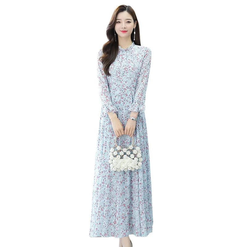 

2024 Spring Elegant Bohemian Long Dress Oversized Women O Neck Ruffle Long Sleeves Dresses for Women Chiffon Floral Vistidos