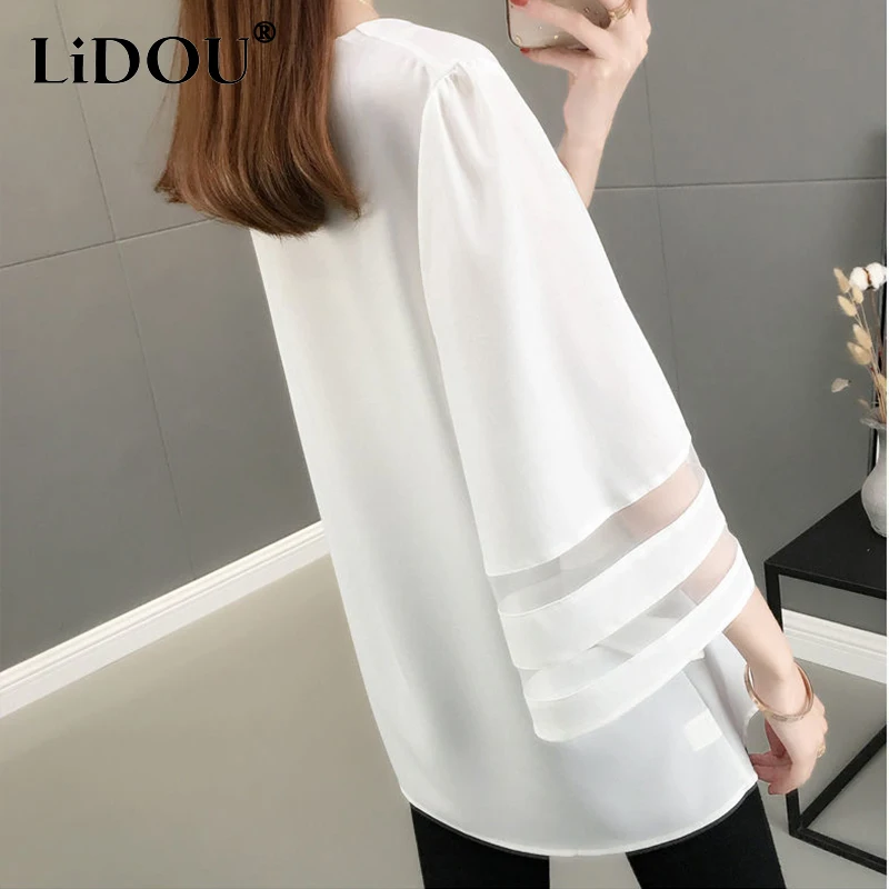 2024 Summer Solid V-neck Mesh Patchwork Loose Casual Shirt Top Women Half Sleeve Oversized Fashion Blusa Simple Pullover Blouse