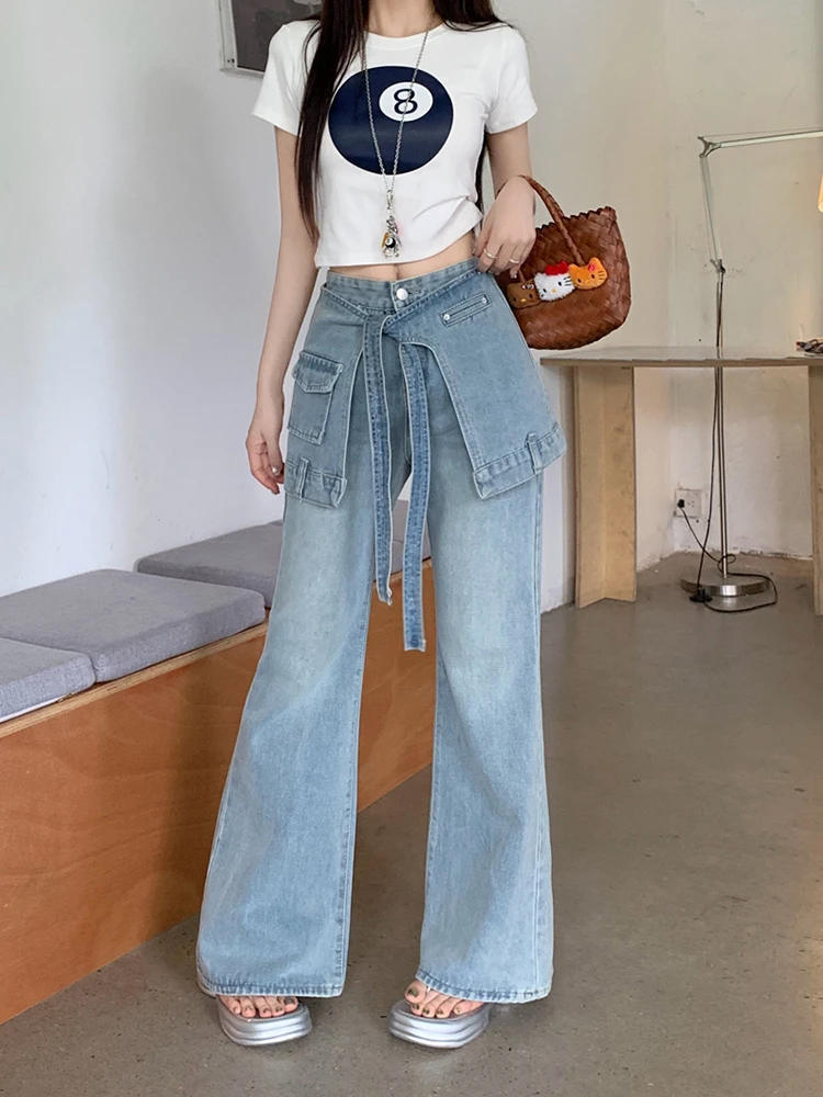여성 의류 블랙 청바지 드로스트링 신축성 있는 허리 편안한 루즈핏 여성 데님 패션 편안한 기본 심플 데일리웨어