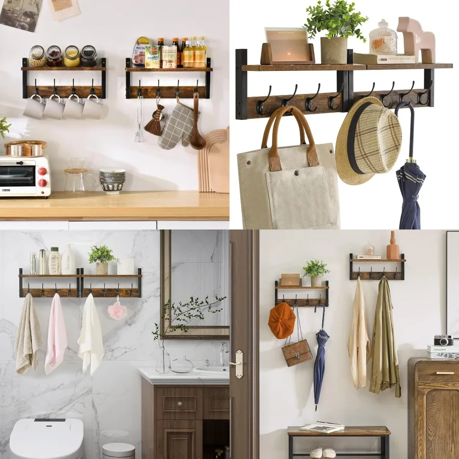 

Настенная полка для одежды с 8 крючками и плавающим дизайном, 31,5-дюймовое решение для хранения коричневых шляп и пальто в деревенском стиле для прихожей