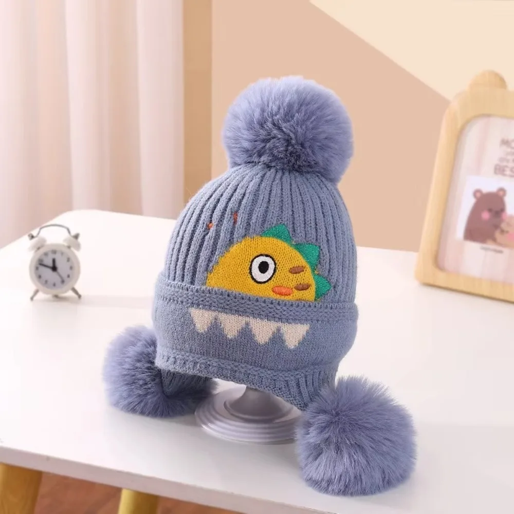 New Cartoon Dinosaur Knitted Hats Ear Protection Fur Ball Beanies Cap with Earflap Fleece Lining Woolen Hat Winter