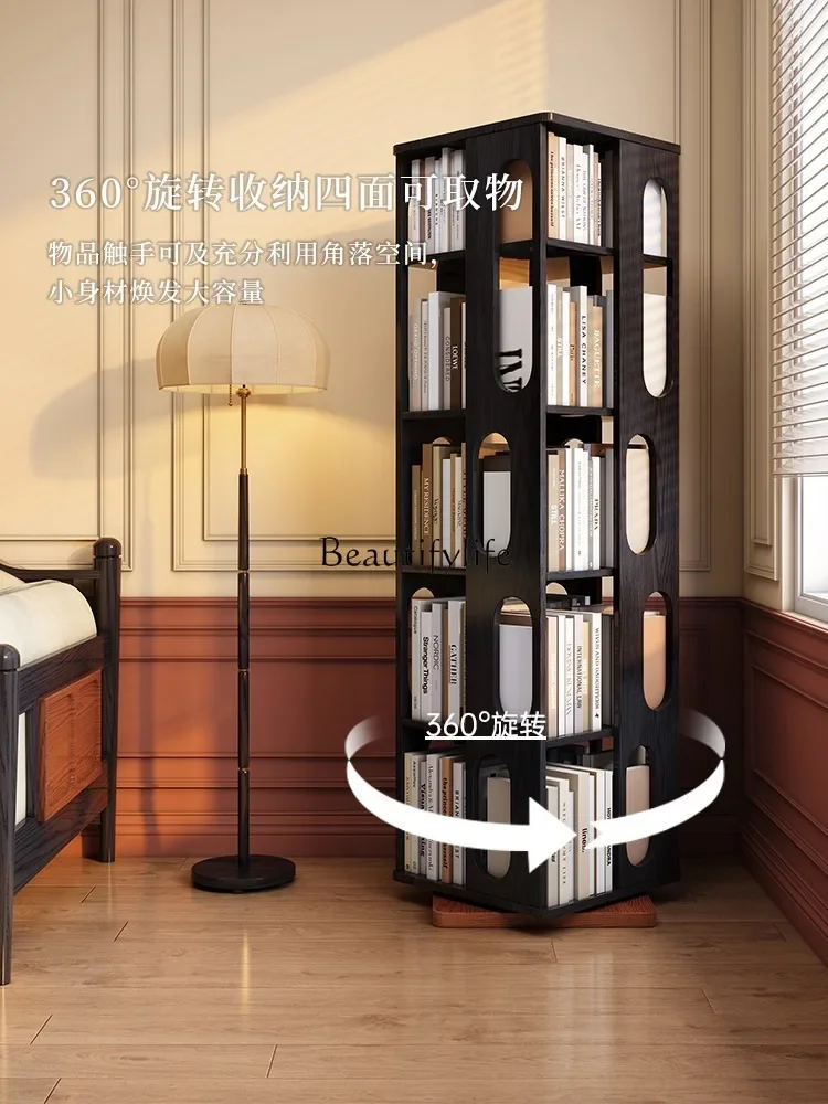 360-Degree rotating bookshelf, living room solid wood retro bookcase floor-to-ceiling multi-layer storage shelf