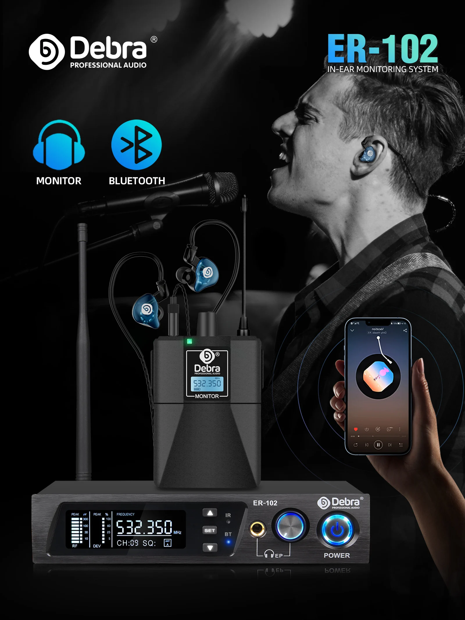 Debra ER-102 UHF IEM Monitor sceniczny douszny Profesjonalny system bezprzewodowy z wieloma nadajnikami do występów na małej scenie — zdjęcie produktu 7