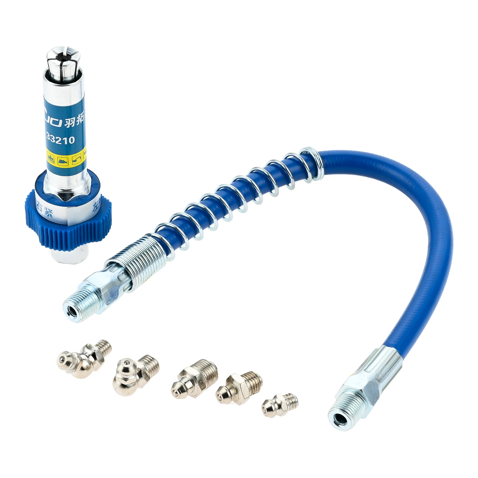 

10th Generation Heavy-Duty Grease Gun Coupler Fittings Extensions with 5 Nozzles Lock Clamp Type Adapter Fast to Lock & Release