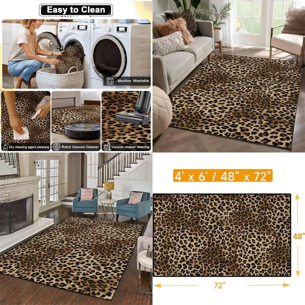4x6 Cheetah Print Soft Non-Slip Washable Low-Pile Indoor Carpet for Living & Dining Rooms