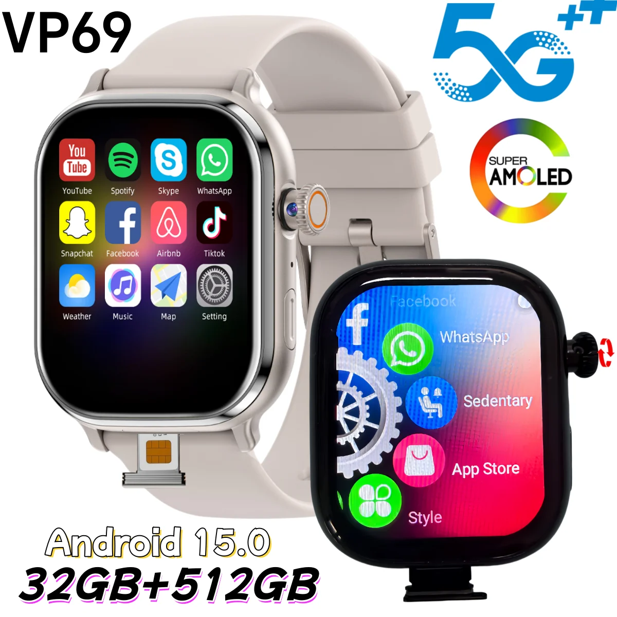 VP69 5G LTE Smartwatch With 200° Rotary Camera GPS WIFI Whatsapp App Store Video Calling 512GB Rom Smart Watch