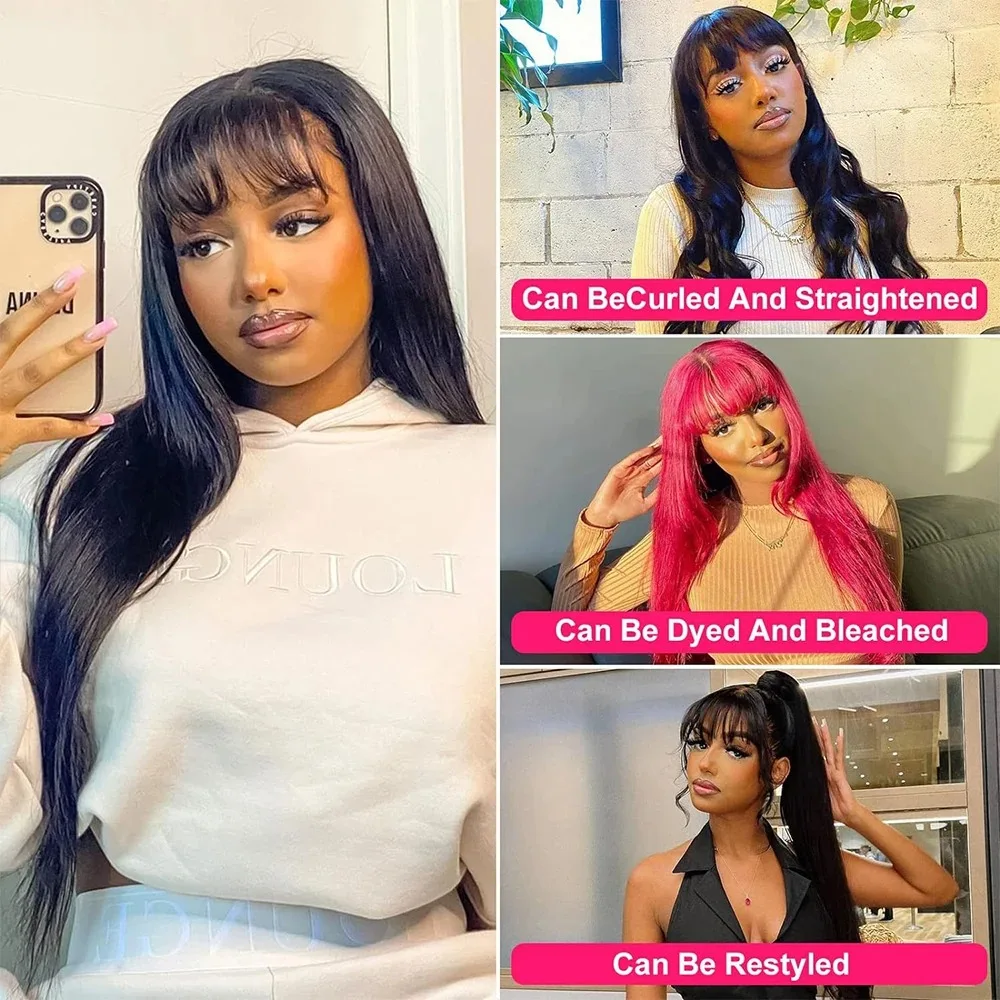 32 34 Human Hair Wig with Bangs Raw Indian Straight Human Hair Fringe Wigs 10-32Inch 180 Density Straight Human Wigs For Women