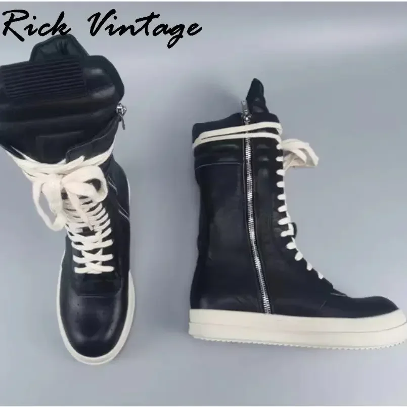 Rick Vintage Men's Motorcycle BootsคุณภาพหนังHigh Street Casualรองเท้าหนารอบToe Lace-Upลูกวัวรองเท้าUnisex