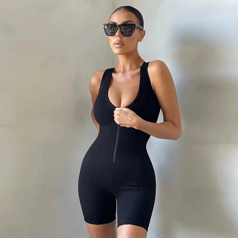 Sexy street clothing sleeveless tight fitting women's tight fitting black clothing knitted zippered jumpsuit