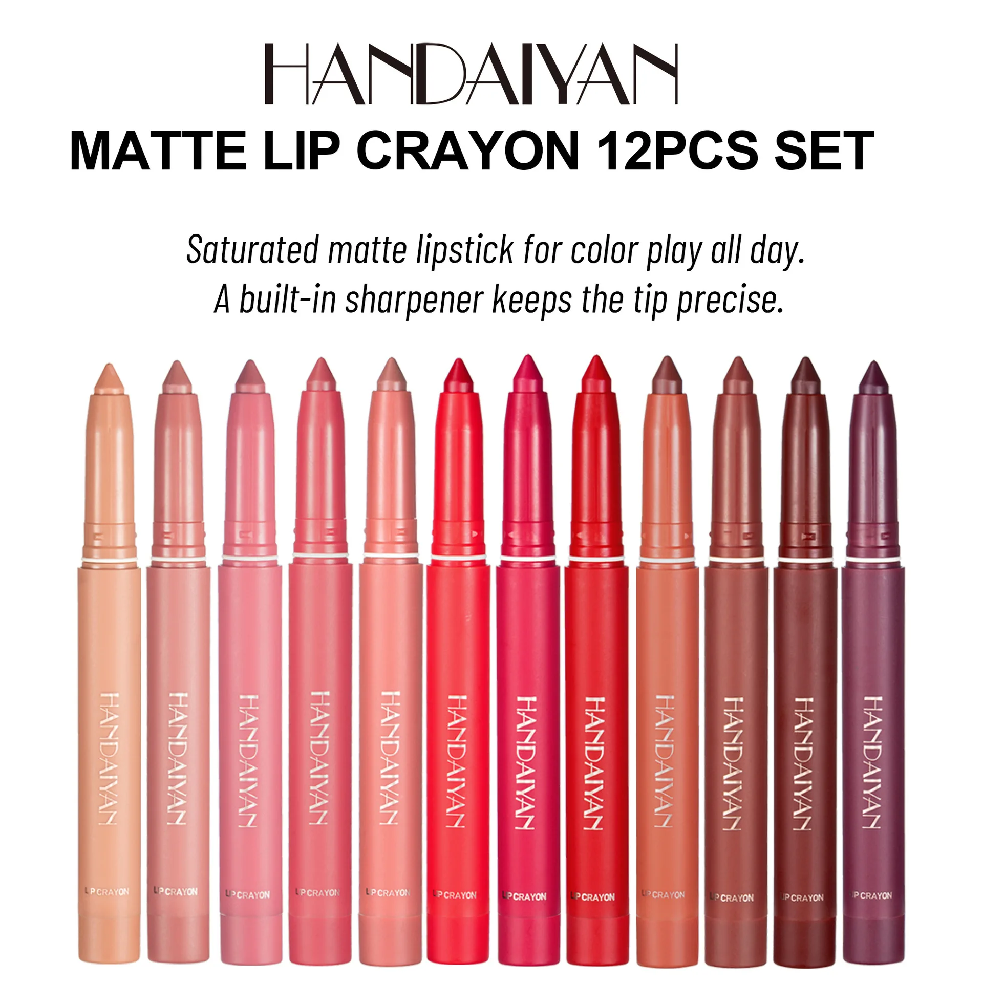 Matte Lip Crayong 12pcs Set antiaderente Cup Lip Liner Set penna rossetto trucco a lunga durata temperamatite incorporato, 1g * 12 pezzi