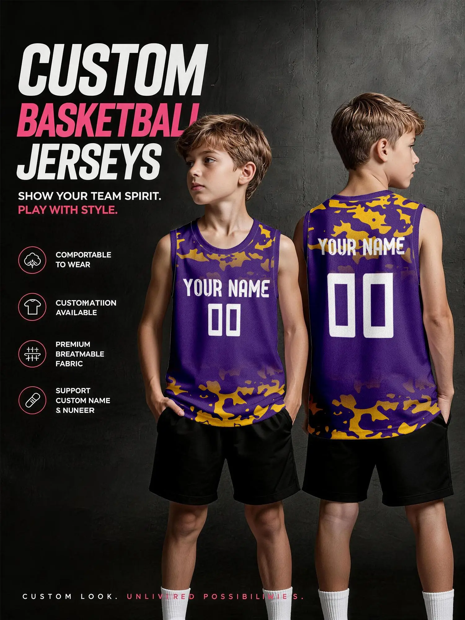 Purple‑gold Camouflage Gradient Custom Basketball Jersey for Adults & Kids, Breathable Mesh, Custom Name‑Number Printing