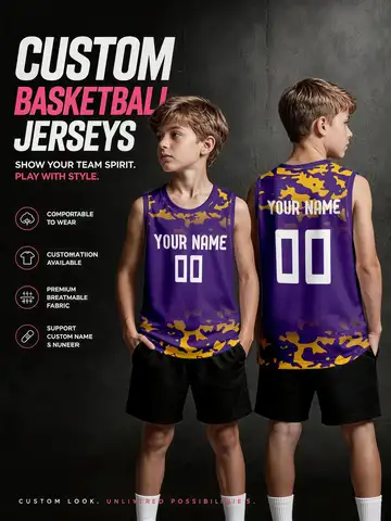 Purple‑gold Camouflage Gradient Custom Basketball Jersey for Adults & Kids, Breathable Mesh, Custom Name‑Number Printing