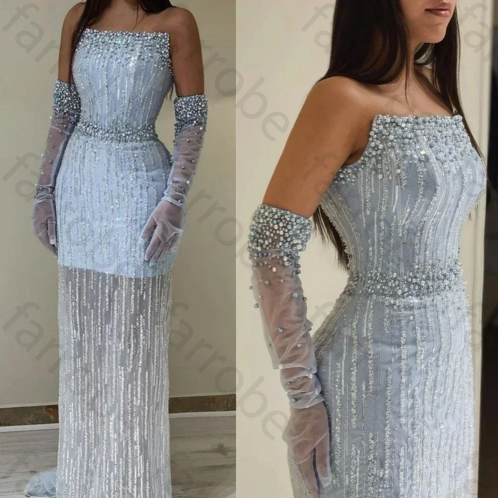 Robe de Soirée de Forme Sirène pour Femme Arabe, Tenue Élégante et Personnalisée, Sans Bretelles, avec Perles Bleu Clair, de Luxe, Dubaï, pour ixde Mariage