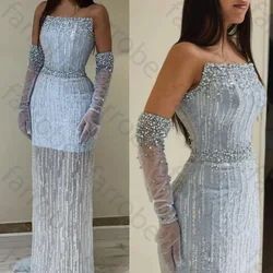 Customized Light Blue Pearls Luxury Dubai Evening Dress Mermaid Elegant Strapless Arabic Women Wedding Party Formal Gowns
